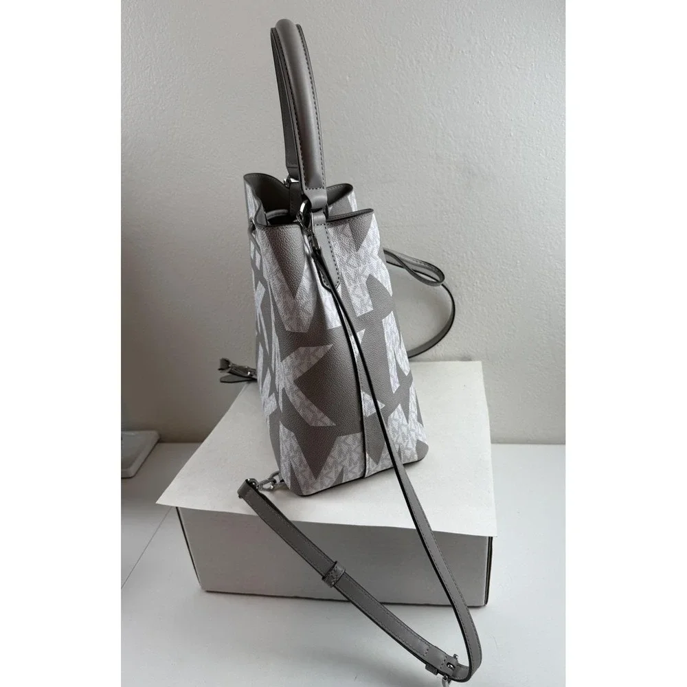 Michael Kors Suri Gray White Monogram Logo Print Convertible Bucket Backpack Bag